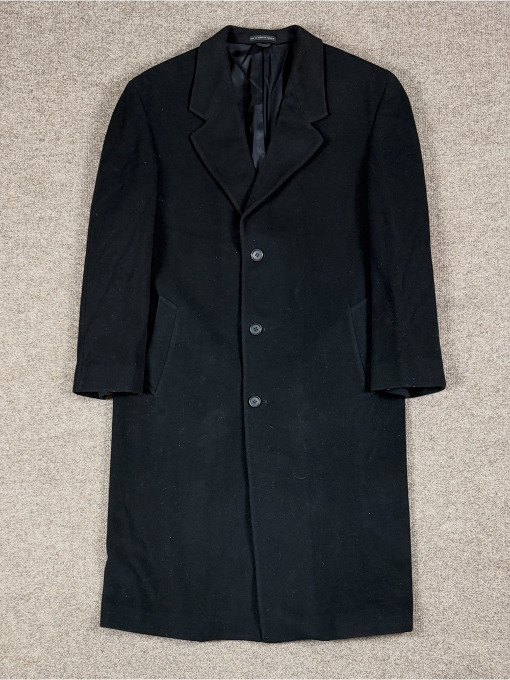 Vintage Black Wool Cashmere Long Overcoat Men’s 42 Large Single Breasted Coat